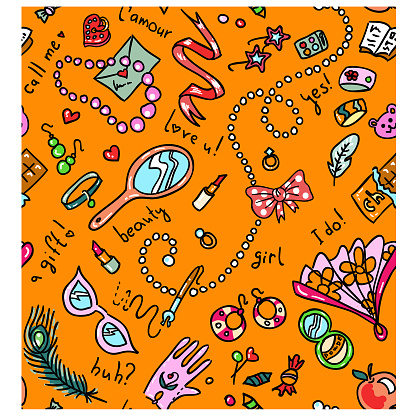 Bright orange seamless pattern with woman accessories