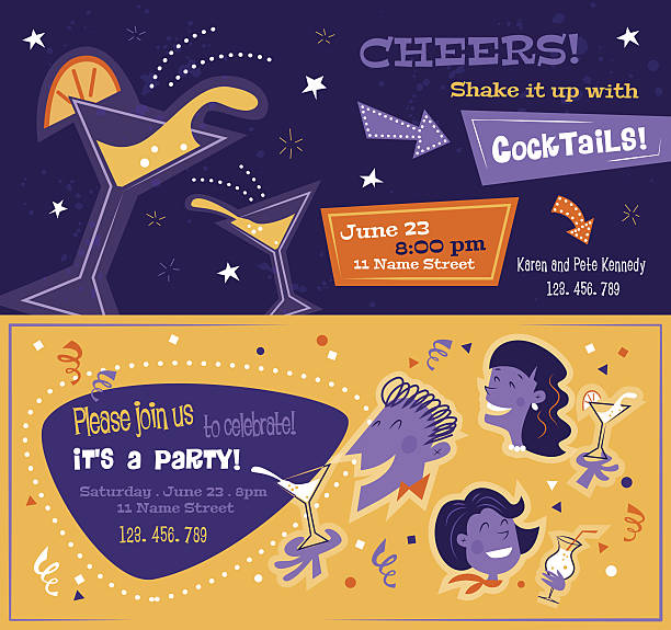 Bright party flyers in mid century style. Horizontal templates with Bright party flyers in mid century style. Horizontal templates with cocktails, alcoholic drinks and cheerful man and women. 1950s. Cards with place for your text. Easy editable. happy hour stock illustrations