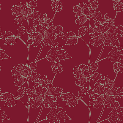 Bright peoniy drawing on ruby background (Seamless pattern kimono style)