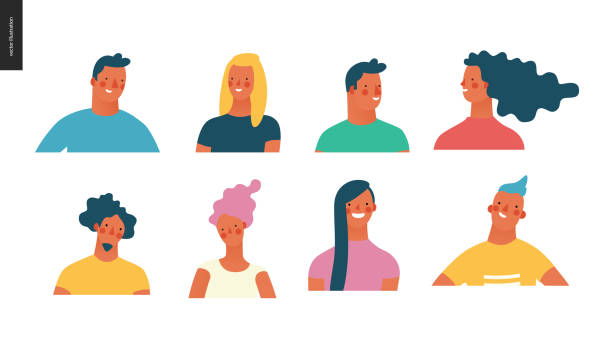 Bright people portraits set - young men and women Bright people portraits set - hand drawn flat style vector design concept illustration of young men and women, male and female faces and shoulders avatars. Flat style vector icons set simplicity illustrations stock illustrations