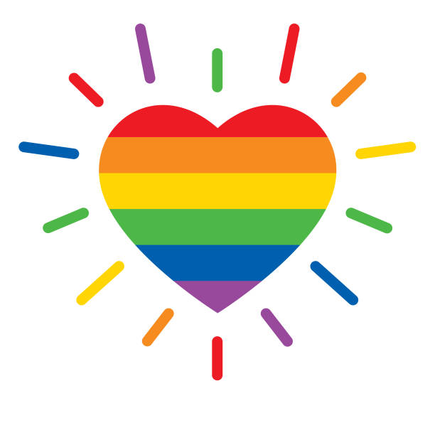 Bright Rainbow Striped Heart Icon Vector illustration of a colorful rainbow striped heart with light beams around it. gay pride symbol stock illustrations