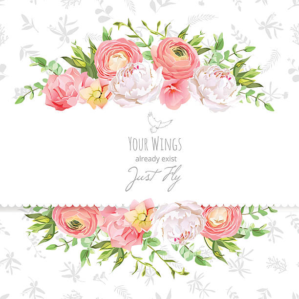 Bright ranunculus, peony, rose, carnation horizontal vector design frame Bright ranunculus, peony, rose, carnation, green plants horizontal vector design frame. Delicate grey floral texture background. All elements are isolated and editable. wedding clipart stock illustrations