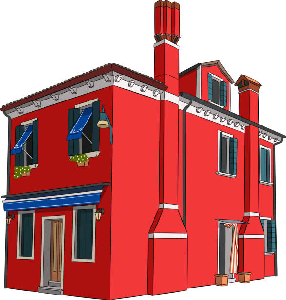 illustrazioni stock, clip art, cartoni animati e icone di tendenza di casa rosso brillante sull'isola di burano. - burano