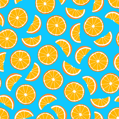 Bright seamless fruit pattern - hand drawn design. Repeatable blue background with citruses. Vibrant summer endless print. Vector illustration