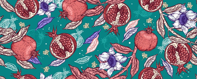Bright seamless pattern with pomegranate fruits and flowers. Floristics. Vintage graphics.