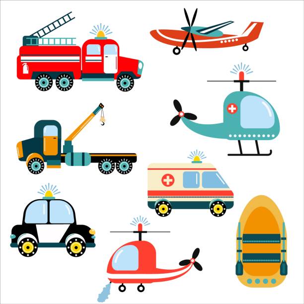 Bright set of hand-drawn cars - rescuers. Bright set of hand-drawn cars - rescuers. Illustration for children. Flat style. White background, isolate. Vector illustration. tow truck police stock illustrations