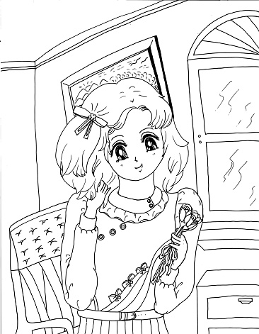 Bright Short Haired Young Girl Anime Manga Style Children's Coloring Page Illustration 2021