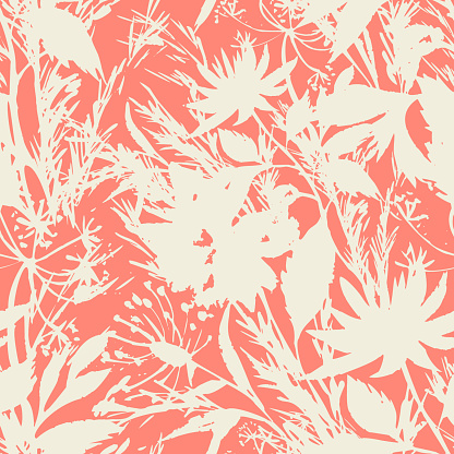 Bright summer floral background. Silhouettes of garden flowers in bloom mixed with herbs, leaves and meadow plants. Trendy modern style. Flat design. Good for fabric and textile, any coverage.