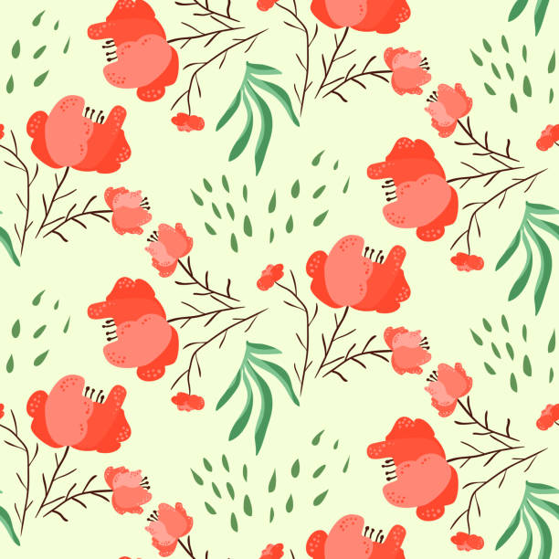 ilustrações de stock, clip art, desenhos animados e ícones de bright summer pattern with red poppy flowers - spot light orange