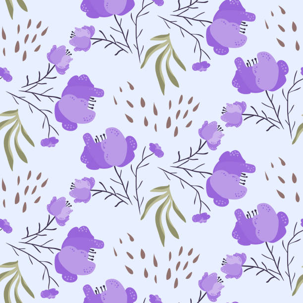 ilustrações de stock, clip art, desenhos animados e ícones de bright summer pattern with violet poppy flowers - spot light orange