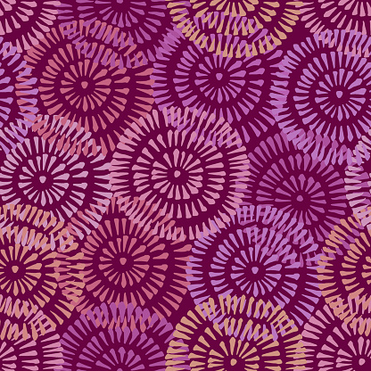 Bright Tie-Dye Shibori Sunburst Circles Pink and Purple Background Vector Seamless Pattern. Design Element for Spring-Summer Textiles, Wrapping Papers and Decoration.