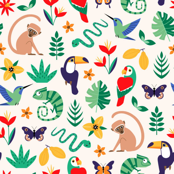Bright tropical design of seamless surface pattern Vector seamless tropical pattern with  jungle stylized animals, birds, flowers and leaves on light background. insect illustrations stock illustrations