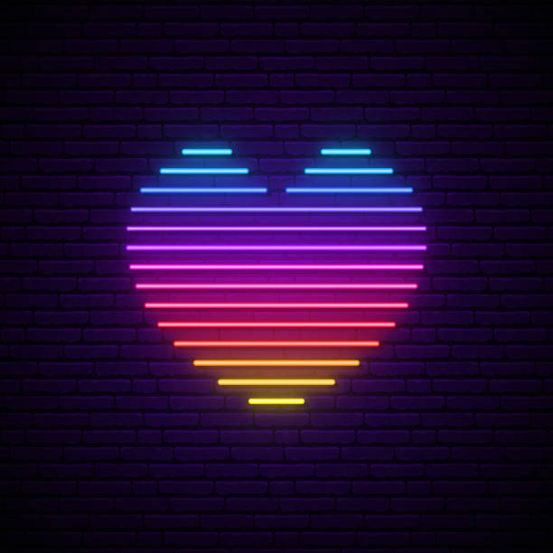 Bright vector neon heart. Rainbow lines in a heart form isolated on the dark brick wall with backlight. Design element for Happy Valentine's Day in 80s style. Bright vector neon heart. Rainbow lines in a heart form isolated on the dark brick wall with backlight. Design element for Happy Valentine's Day in 80s style. background of the glow in the dark hearts stock illustrations