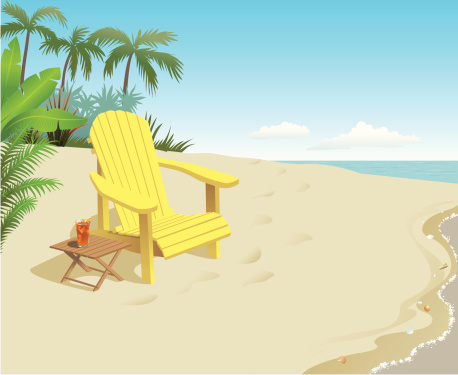 A bright yellow chair with a drink on the beach
