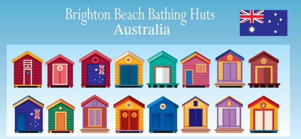 ilustraciones, imágenes clip art, dibujos animados e iconos de stock de playa brighton cabañas - brighton