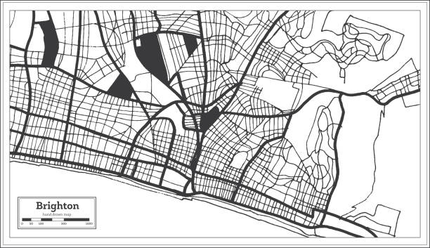ilustraciones, imágenes clip art, dibujos animados e iconos de stock de brighton gran bretaña mapa de la ciudad en color blanco y negro en estilo retro. mapa de esquema. - brighton