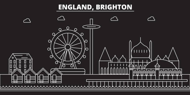 브라이튼 실루엣 스카이 라인. 영국-브라이튼 벡터 도시, 영국 선형 아키텍처 브라이튼 여행 그림, 개요 랜드마크입니다. 영국 편평한 아이콘, 영국 라인 배너 - brighton stock illustrations