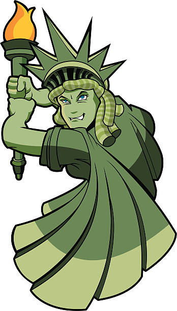 Bring It On! Adobe Illustrator cartoon of the Statue of Liberty holding torch like a bat. Download includes AI CS2 EPS, as well as high res RGB JPG file. cartoon of a statue of liberty free stock illustrations