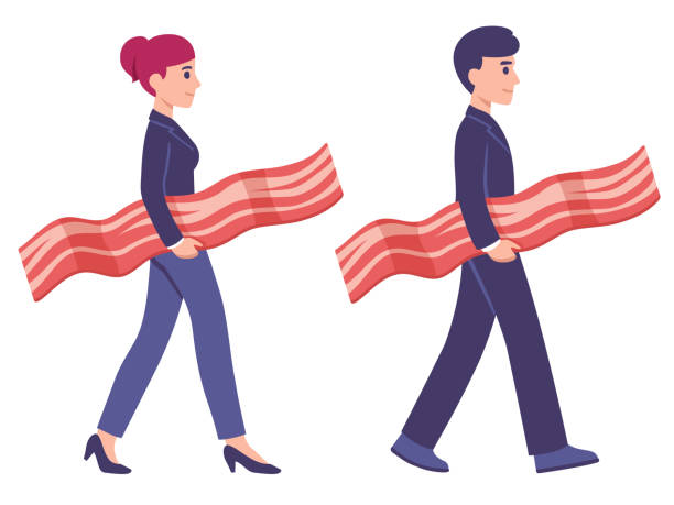 Bringing home the bacon Bringing home the bacon concept illustration, man and woman in work suits carrying strip of bacon. Modern cartoon style vector art of business metaphor. bringing home the bacon stock illustrations