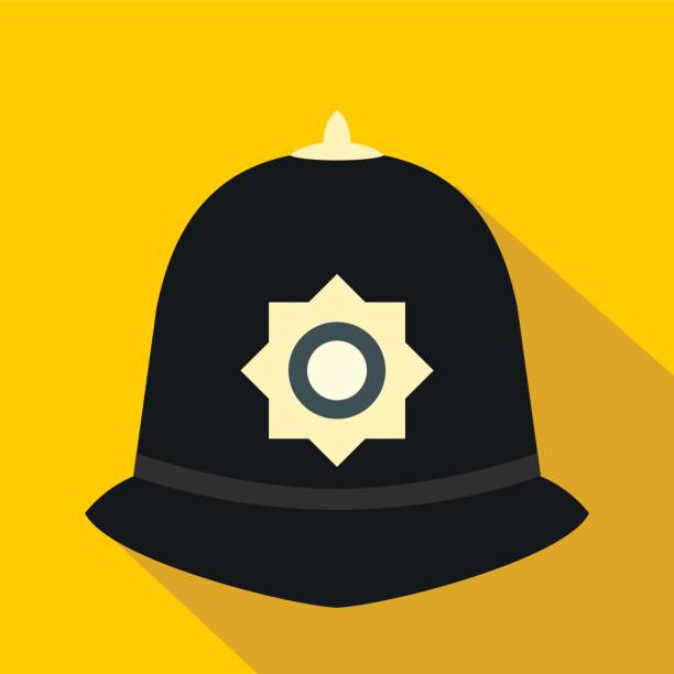 British capi con in flat style British capi con in flat style on a yellow background police hat stock illustrations