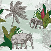 A detailed lineart modernization of British colonial wallpaper featuring tropical plans and Asian elephants on a watercolour background.
