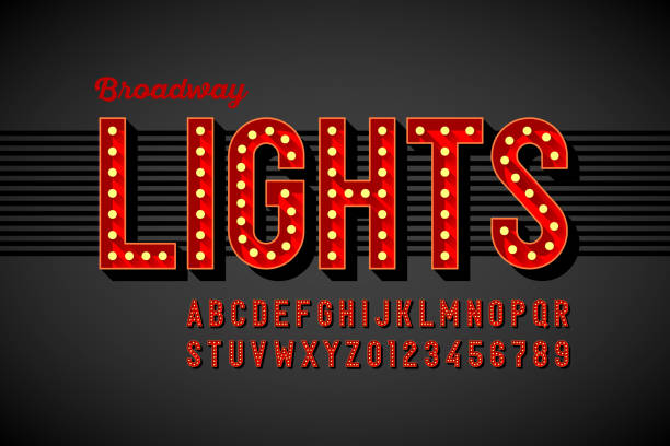 Broadway lights retro style font Broadway lights retro style font with light bulbs, vintage alphabet letters and numbers vector illustration illuminated stock illustrations