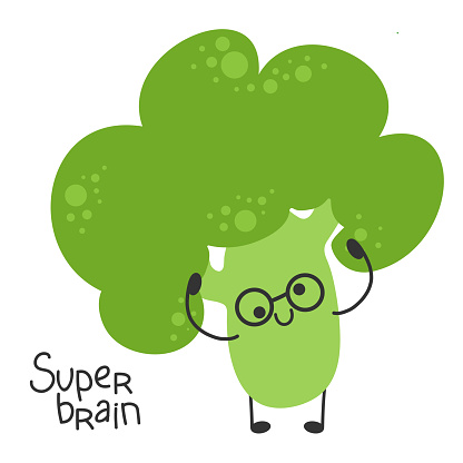 Broccoli cartoon character wearing glasses. Funny and cute vegetable. Genius smart brainiac.