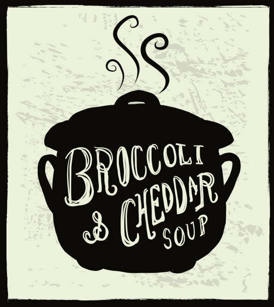 Broccoli & Cheddar Soup cauldron label hand lettering design Vector illustration of a Broccoli & Cheddar Soup cauldron label hand lettering design. cheddar cheese stock illustrations