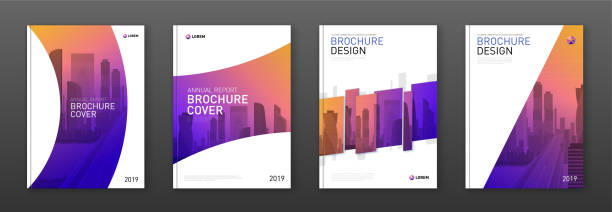 Brochure cover design layout set for business Brochure cover design layout set for business and construction. Abstract geometry whith colored cityscape vector illustration on background. Good for annual report, industrial catalog design. brochure cover stock illustrations