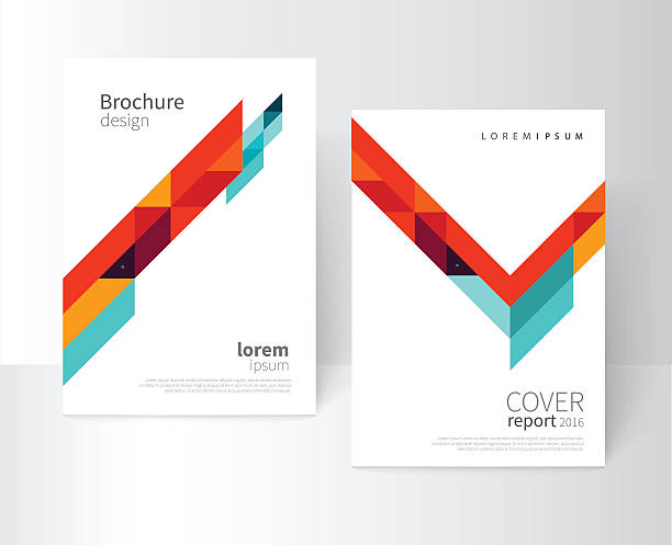 Brochure cover template Brochure design. Flyer, booklet, annual report cover template. a4 size. modern Geometric Abstract background. blue, yellow and red diagonal lines & triangles. vector-stock illustration brochure cover stock illustrations