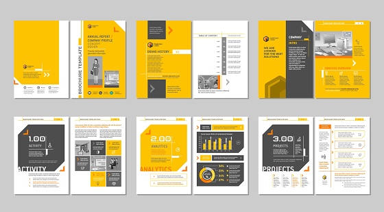 Brochure creative design. Multipurpose template, include cover, back and inside pages. Trendy minimalist flat geometric design.