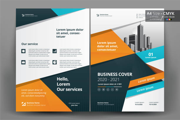 Brochure Flyer Template Layout Background Design. booklet, leaflet, corporate business annual report layout with white, orange, blue and gray geometric background template a4 size - Vector illustration. vector art illustration