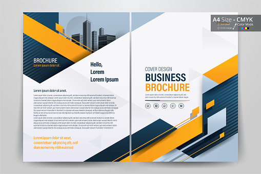 Brochure Flyer Template Layout Background Design. booklet, leaflet, corporate business annual report layout with white, orange and blue geometric background template a4 size - Vector illustration.