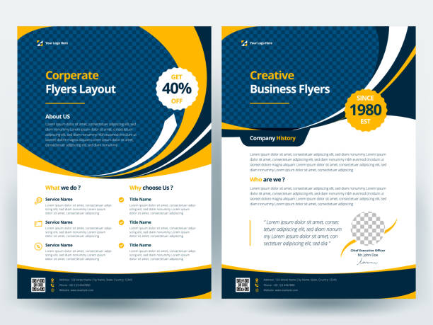 Brochure Flyer Template Layout Background Design. booklet, leaflet, corporate business annual report layout with yellow and blue geometric on a white background template a4 size - Vector illustration. vector art illustration