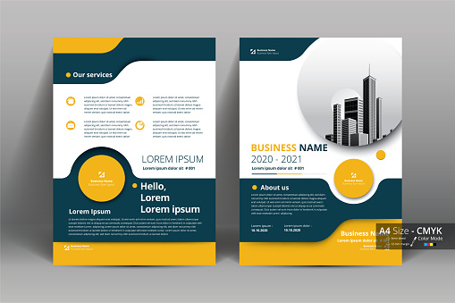 Brochure Flyer Template Layout Background Design. booklet, leaflet, corporate business annual report layout with white, gray and yellow circle background template a4 size - Vector illustration.
