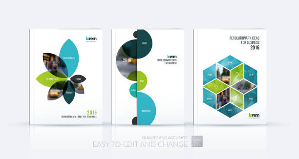 Brochure template layout collection, cover design annual report, Brochure template layout collection, cover design annual report, magazine, flyer in A4 with green flower petals shapes, rhombus, circle for business, nature idea. Abstract vector design set. people patterns stock illustrations