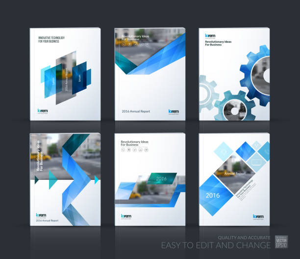 Brochure template layout, cover design annual report, magazine, Brochure template layout, cover design annual report, magazine, flyer, leaflet in A4 with blue gear, triangles, arrow, ribbon with overlap effect for business and technology. Vector mega set. brochure symbols stock illustrations