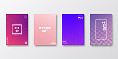 Set of four vertical brochure templates with modern and trendy backgrounds, isolated on blank background. Abstract colorful illustrations with geometric shapes and beautiful color gradients (colors used: Red, Purple, Pink, Orange, Blue, Beige). Can be used for different designs, such as brochure, cover design, magazine, business annual report, flyer, leaflet, presentations... Template for your own design, with space for your text. The layers are named to facilitate your customization. Vector Illustration (EPS10, well layered and grouped), wide format (2:1). Easy to edit, manipulate, resize and colorize.