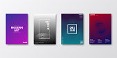 Set of four vertical brochure templates with modern and trendy backgrounds, isolated on blank background. Abstract futuristic illustrations. Geometric designs with beautiful color gradients (colors used: Red, Purple, Pink, Green, Gray, Blue, Black). Can be used for different designs, such as brochure, cover design, magazine, business annual report, flyer, leaflet, presentations... Template for your own design, with space for your text. The layers are named to facilitate your customization. Vector Illustration (EPS10, well layered and grouped), wide format (2:1). Easy to edit, manipulate, resize and colorize.