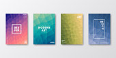 Set of four vertical brochure templates with modern and trendy backgrounds, isolated on blank background. Abstract geometric illustrations in a low poly style. Polygonal mosaics with beautiful color gradients (colors used: Purple, Pink, Orange, Green, Blue, Black, Beige, Turquoise, Yellow). Can be used for different designs, such as brochure, cover design, magazine, business annual report, flyer, leaflet, presentations... Template for your own design, with space for your text. The layers are named to facilitate your customization. Vector Illustration (EPS10, well layered and grouped), wide format (2:1). Easy to edit, manipulate, resize and colorize.