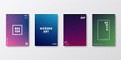 Set of four vertical brochure templates with modern and trendy backgrounds, isolated on blank background. Abstract colorful illustrations with geometric shapes and beautiful color gradients (colors used: Purple, Pink, Green, Blue, Black). Can be used for different designs, such as brochure, cover design, magazine, business annual report, flyer, leaflet, presentations... Template for your own design, with space for your text. The layers are named to facilitate your customization. Vector Illustration (EPS10, well layered and grouped), wide format (2:1). Easy to edit, manipulate, resize and colorize.
