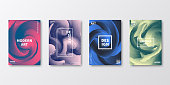 Set of four vertical brochure templates with modern and trendy backgrounds, isolated on blank background. Colorful illustrations with abstract shapes and beautiful color gradients (colors used: Red, Purple, Pink, Orange, Green, Gray, Brown, Blue, Black, Beige, Yellow). Can be used for different designs, such as brochure, cover design, magazine, business annual report, flyer, leaflet, presentations... Template for your own design, with space for your text. The layers are named to facilitate your customization. Vector Illustration (EPS10, well layered and grouped), wide format (2:1). Easy to edit, manipulate, resize and colorize.