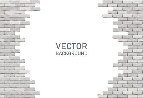 Broken brick wall on white background. Hole in brick wall. Vector illustration with copy space
