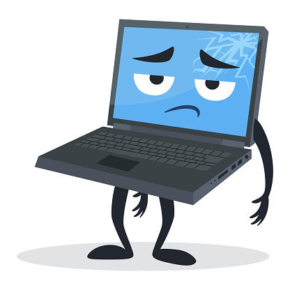 Broken cartoon computer unhappy mascot face character isometric vector illustration. Upset laptop