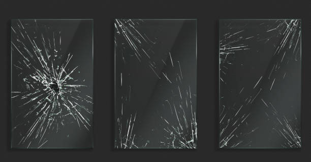 Broken glass frames with cracks and hole Broken glass with cracks and hole from impact or bullet. Vector realistic set of rectangle clear acrylic or plexiglass frames with crashed texture, white scratches and breaks broken stock illustrations