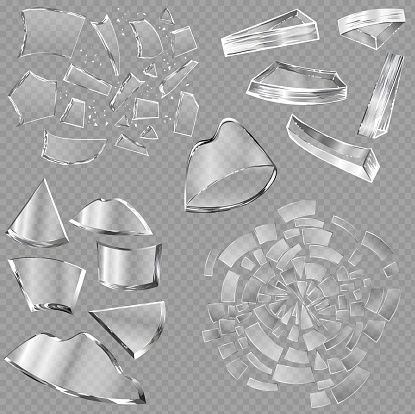 Broken glass vector sharp pieces of window and realistic shattered glassware or shattering debris of breaking mirror isolated on transparent background illustration backdrop