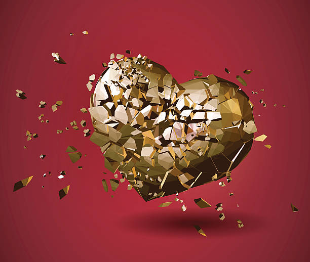 Broken golden polygonal heart on red BG Broken golden polygonal heart illustration on red background divorce patterns stock illustrations