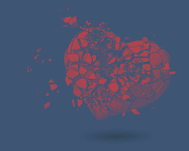 Broken heart drawing illustration on blue BG Red broken heart with pen and ink drawing illustration style on blue background divorce backgrounds stock illustrations