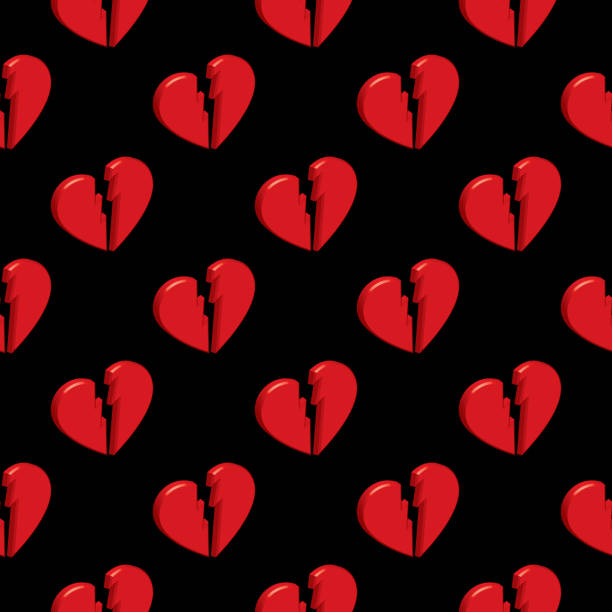 Broken Hearts Seamless Pattern Vector seamless pattern of red dimensional broken hearts on a black square background. divorce patterns stock illustrations
