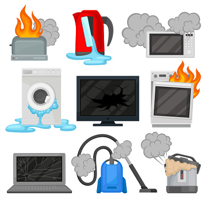 Broken home appliances set, damaged electrical household equipment vector Illustrations on a white background